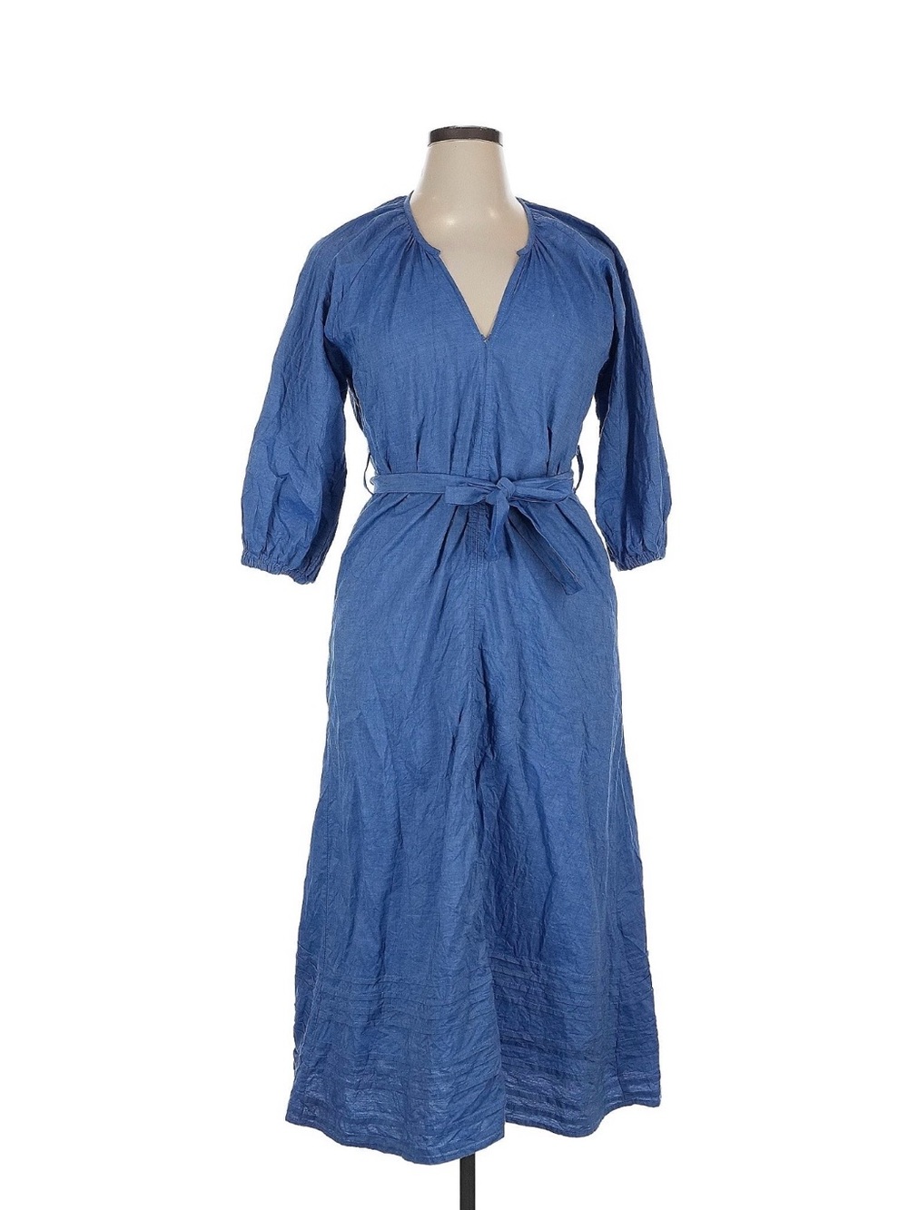 Blue V-Neck Belted Midi Dress